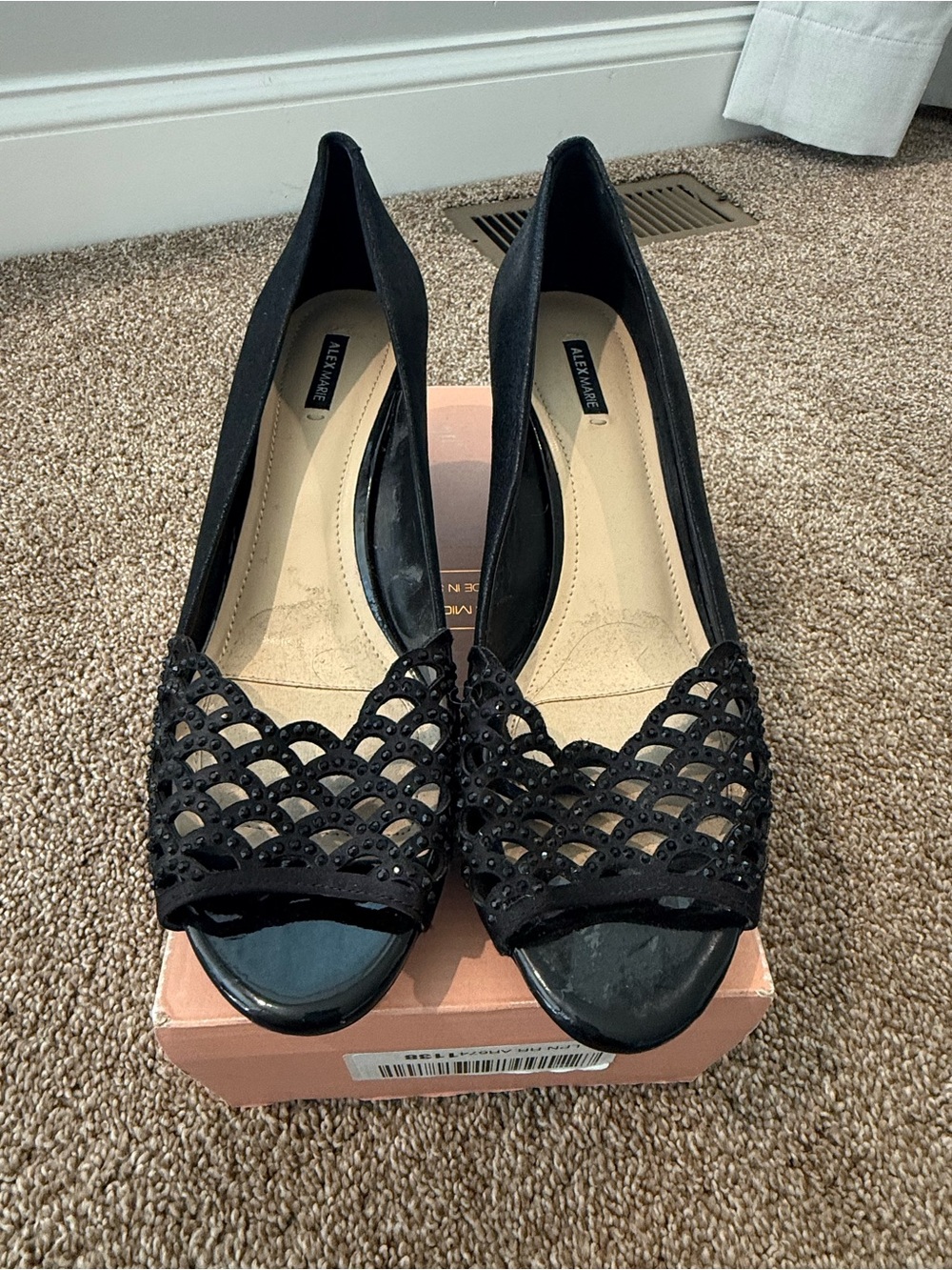 Alex Marie Black Peep-Toe Scalloped Lace Heels